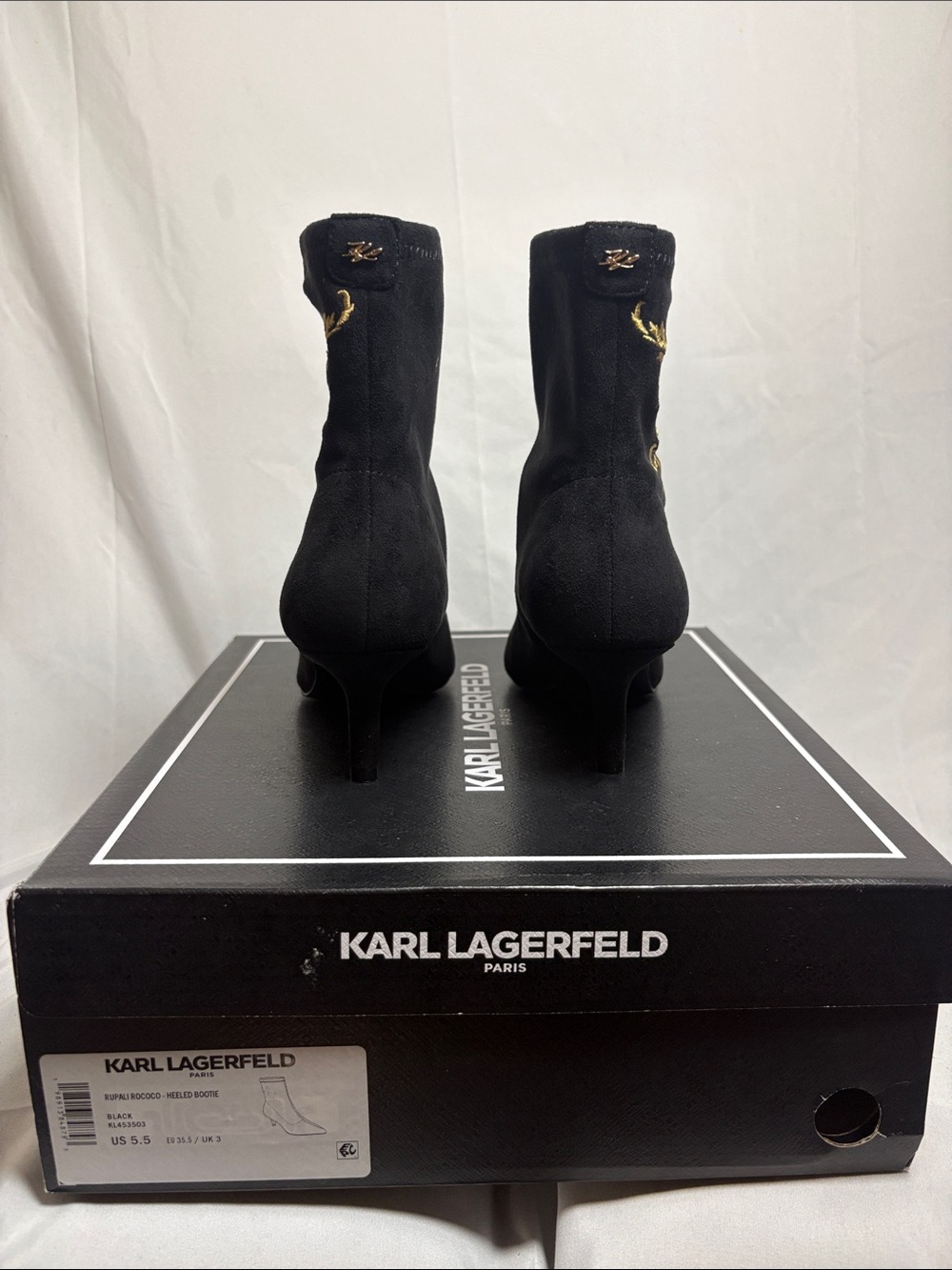 Karl Lagerfeld Black Stretch Sock Booties with Gold Embroidery - Picture 3 of 6